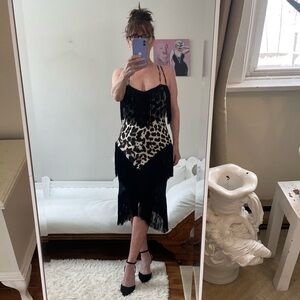 NWT MIARI COCO FRINGE LEOPARD DRESS BLACK TAN BROWN STRETCH BODYSUIT STRAPS